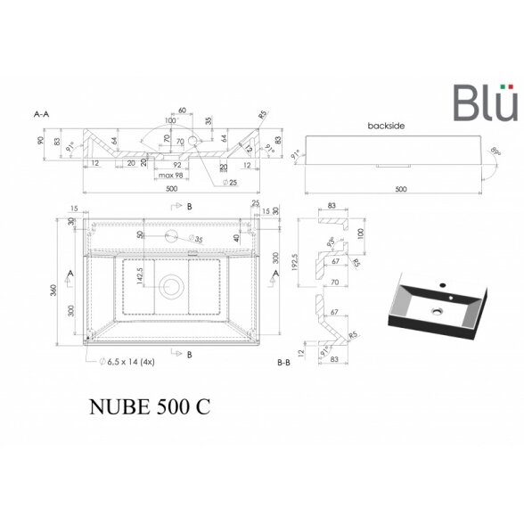 Маленький умывальник из литого мрамора Blu NUBE 500 1