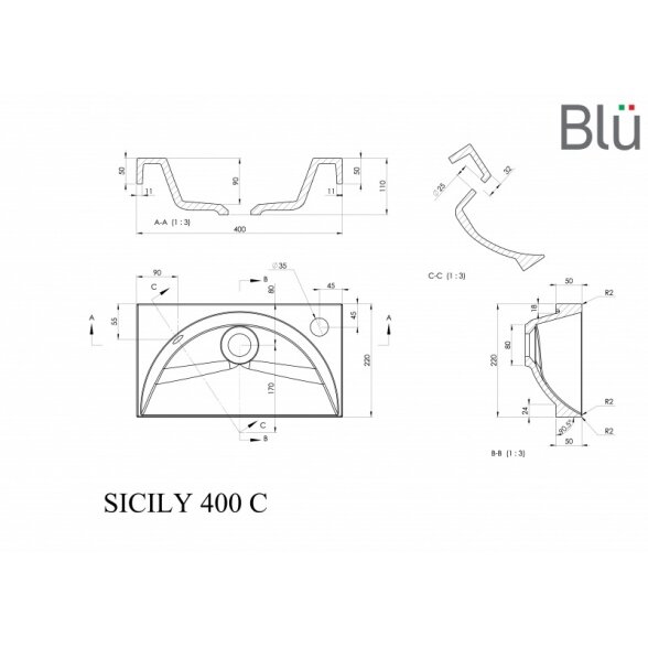 Маленький умывальник из литого мрамора Blu SICILY 400 2