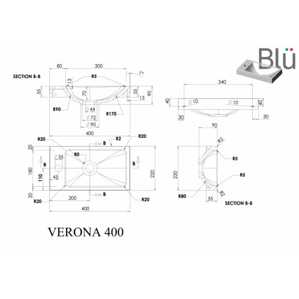 Маленький умывальник из литого мрамора Blu VERONA 400 1