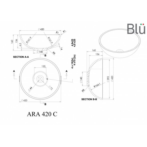 Настольный умывальник из литого мрамора Blu ARA 2