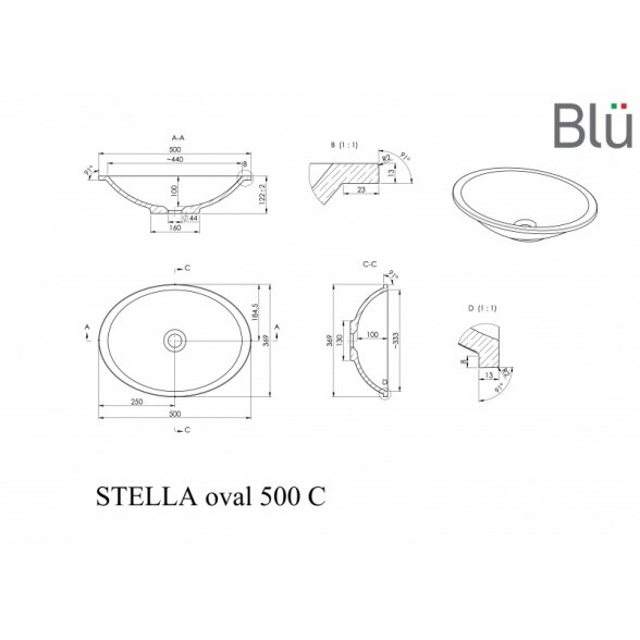 Умывальник из литого мрамора Blu STELLA OVAL 500 2