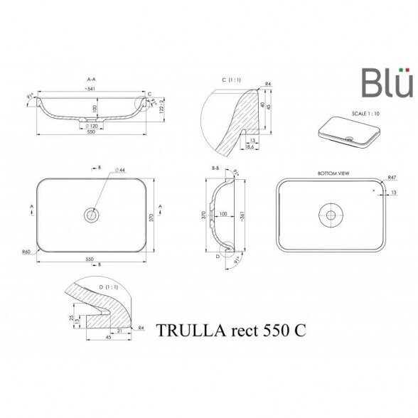 Умывальник из литого мрамора Blu TRULLA RECT 1