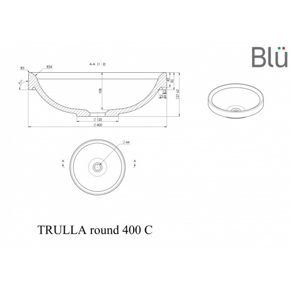 Умывальник из литого мрамора Blu TRULLA ROUND 400 1