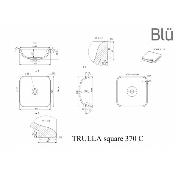 Умывальник из литого мрамора Blu TRULLA SQUARE 370x370 1