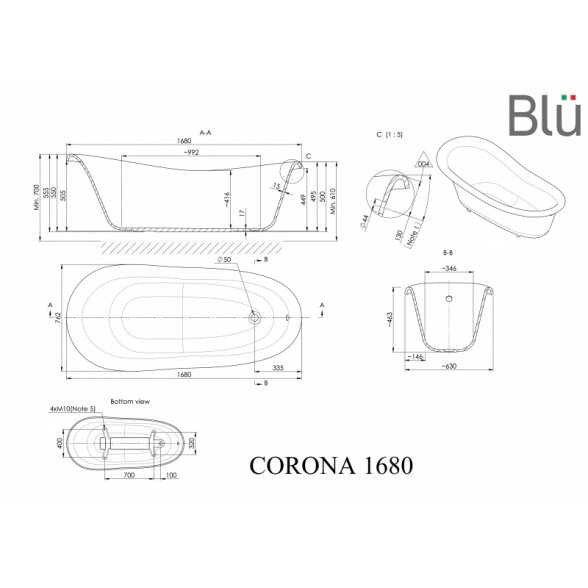 Ванна в ретро стиле из литого мрамора Blu CORONA 1680 Evermite 1