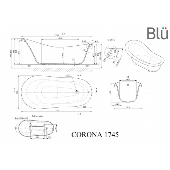 Ванна в ретро стиле из литого мрамора Blu CORONA 1745 1