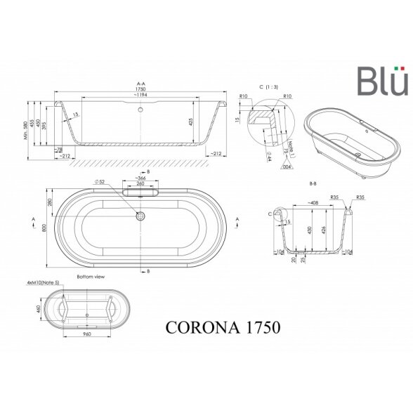 Ванна в ретро стиле из литого мрамора Blu CORONA 1750 Evermite 1