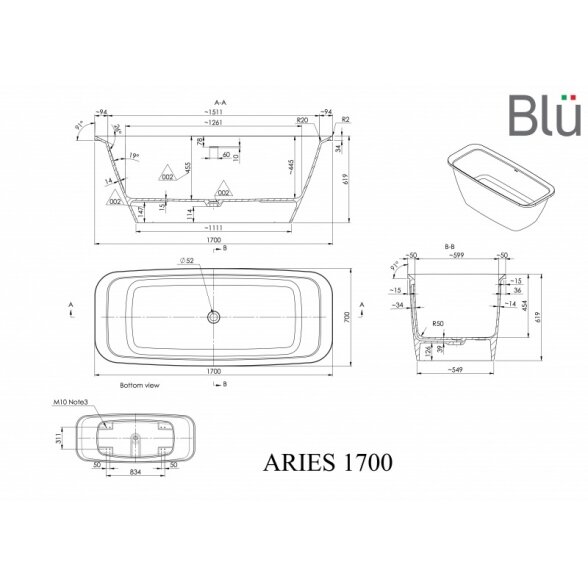 Ванна из литого мрамора Blu ARIES 1700 Evermite с переливом 1