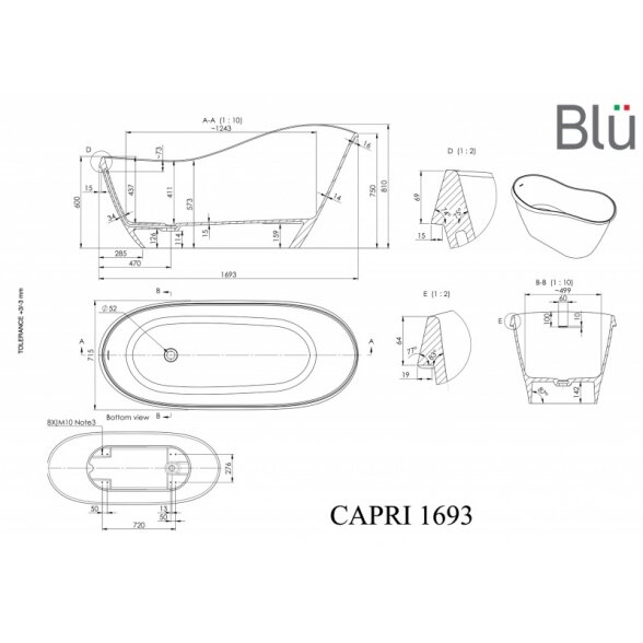 Ванна из литого мрамора Blu CAPRI 1693 Evermite с переливом 3