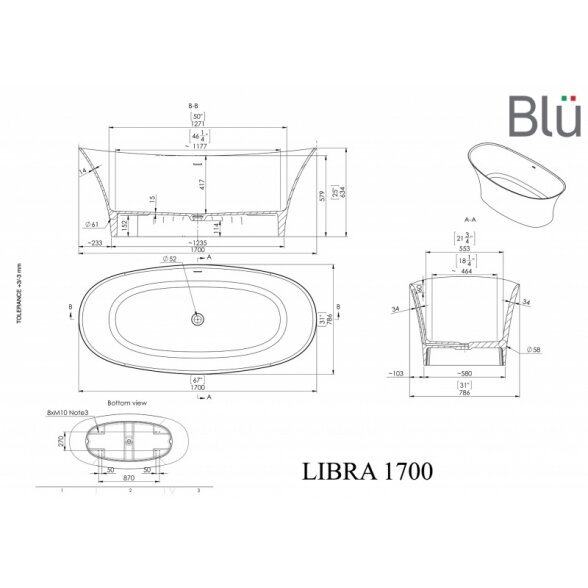 Ванна из литого мрамора Blu LIBRA 1700 Evermite с переливом 2