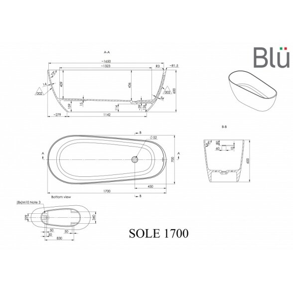 Ванна из литого мрамора Blu SOLE 1700 Evermite с переливом 1