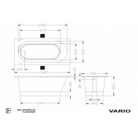 Ванна из каменной массы PAA VARIO M 160x75 5