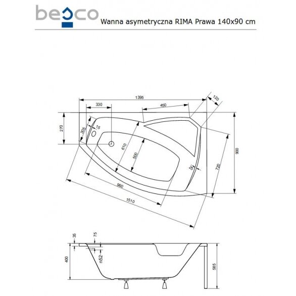 Асимметричная акриловая ванна Besco RIMA 3