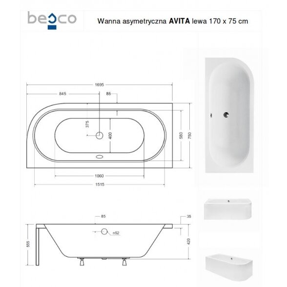 Асимметричная акриловая ванна Besco AVITA 5