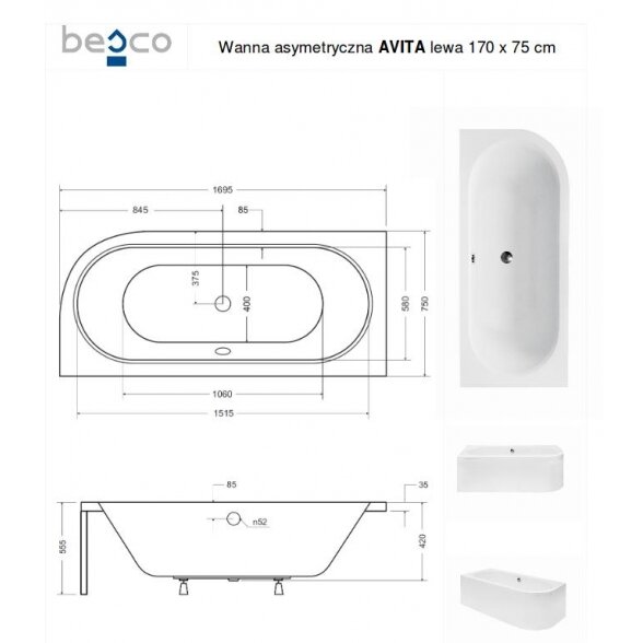 Asimetrinė akrilinė vonia Besco Avita 5