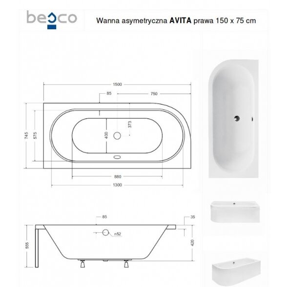Asimetrinė akrilinė vonia Besco Avita 6