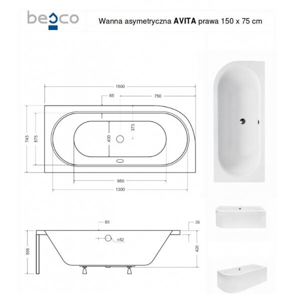 Асимметричная акриловая ванна Besco AVITA 6