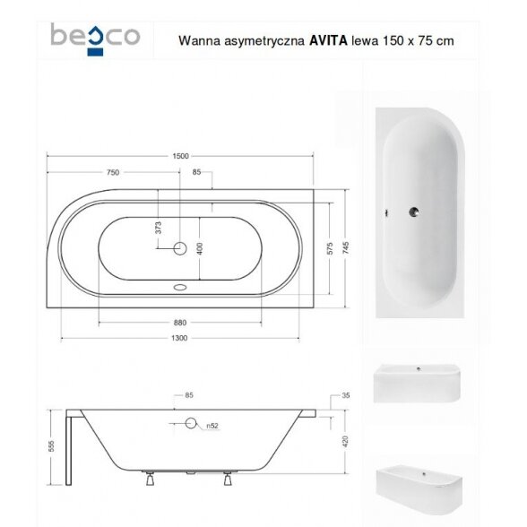 Asimetrinė akrilinė vonia Besco Avita 7