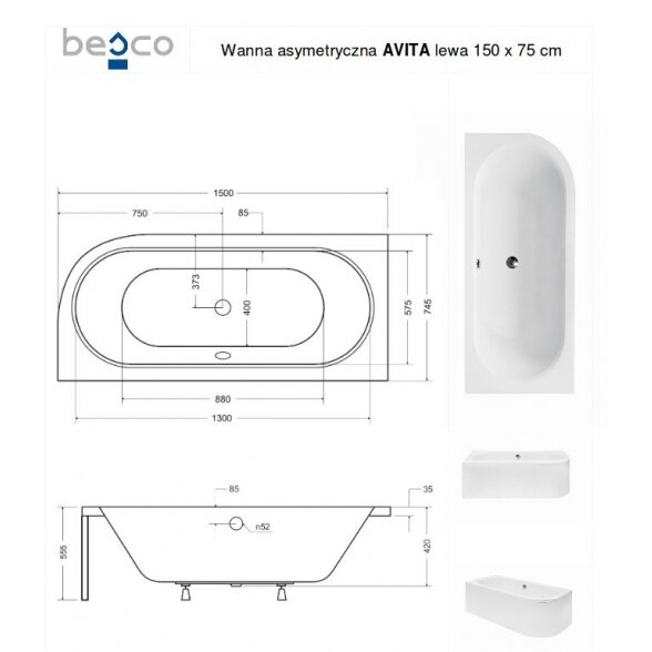 Асимметричная акриловая ванна Besco AVITA 7