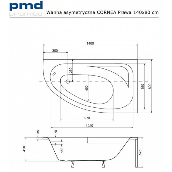 Asimetrinė akrilinė vonia Besco CORNEA 140x80 2