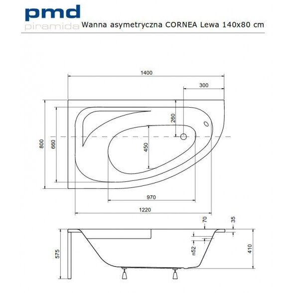 Asimetrinė akrilinė vonia Besco CORNEA 140x80 3