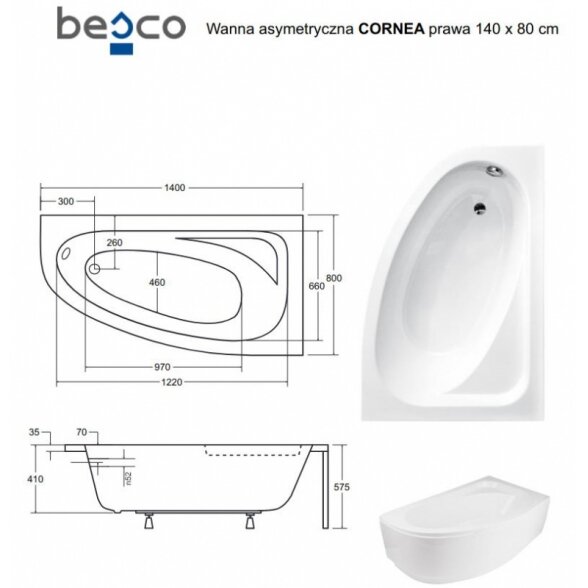 Асимметричная акриловая ванна Besco CORNEA 140x80 4