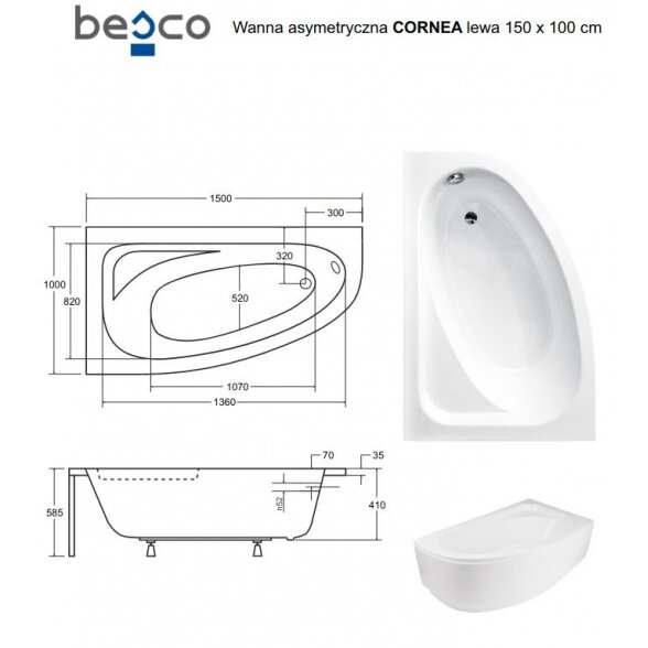 Асимметричная акриловая ванна Besco CORNEA 140x80 5