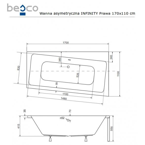 Asimetrinė akrilinė vonia Besco INFINITY 2