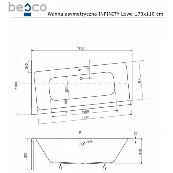 Асимметричная акриловая ванна Besco INFINITY 3