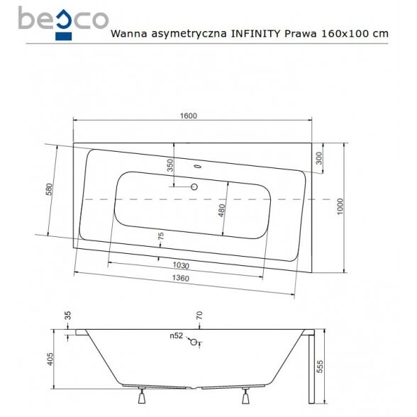 Asimetrinė akrilinė vonia Besco INFINITY 4