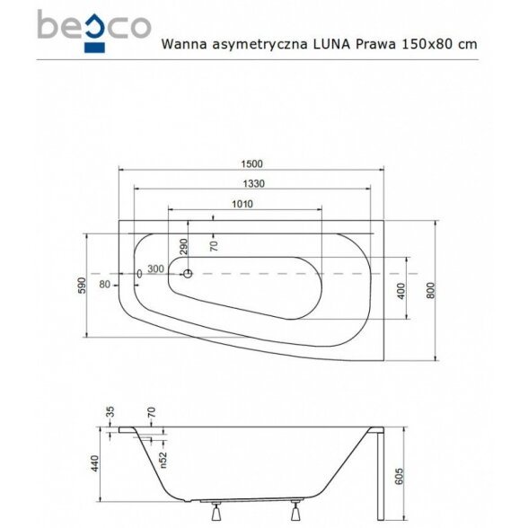 Асимметричная акриловая ванна Besco LUNA 150x80 2