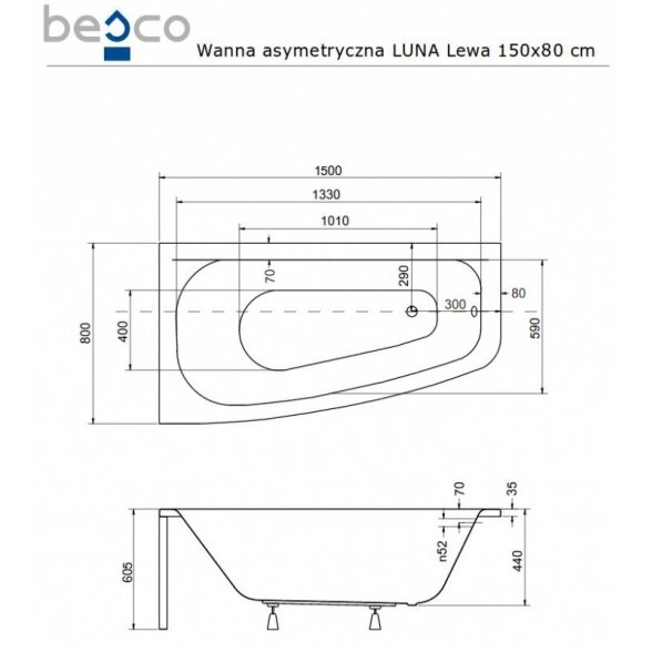 Асимметричная акриловая ванна Besco LUNA 150x80 3