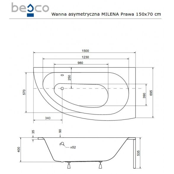 Асимметричная акриловая ванна Besco MILENA 2