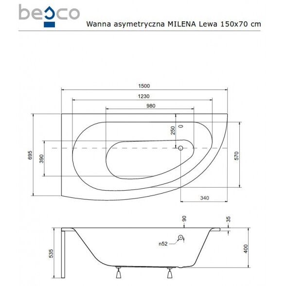 Асимметричная акриловая ванна Besco MILENA 4