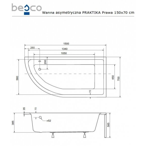 Асимметричная акриловая ванна Besco PRAKTIKA 2