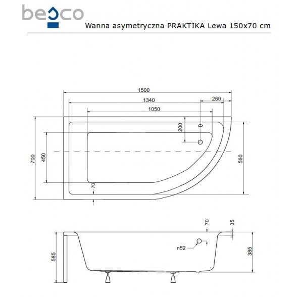 Асимметричная акриловая ванна Besco PRAKTIKA 3