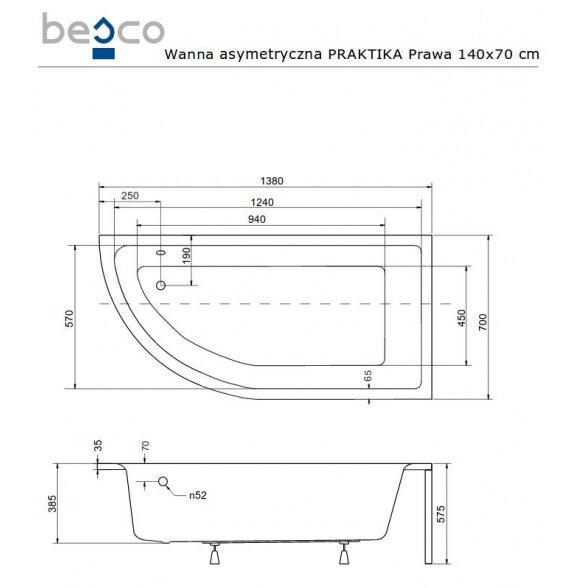 Асимметричная акриловая ванна Besco PRAKTIKA 4