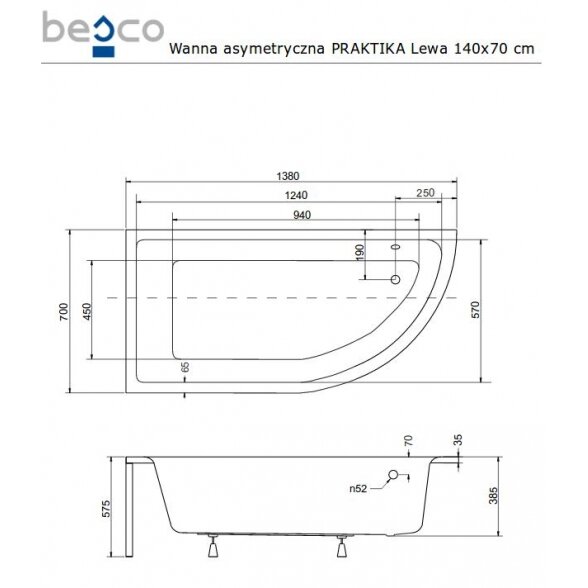 Асимметричная акриловая ванна Besco PRAKTIKA 5