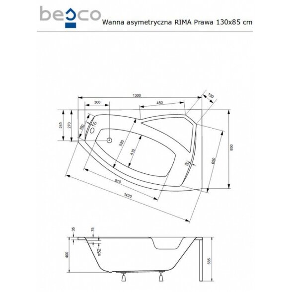 Асимметричная акриловая ванна Besco RIMA 1