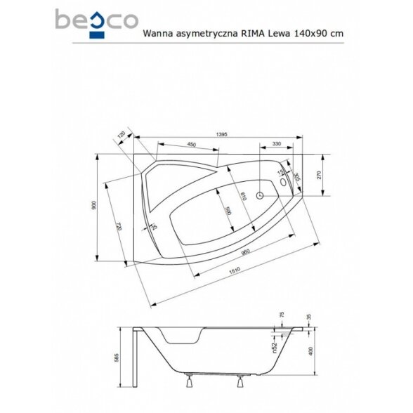 Асимметричная акриловая ванна Besco RIMA 2