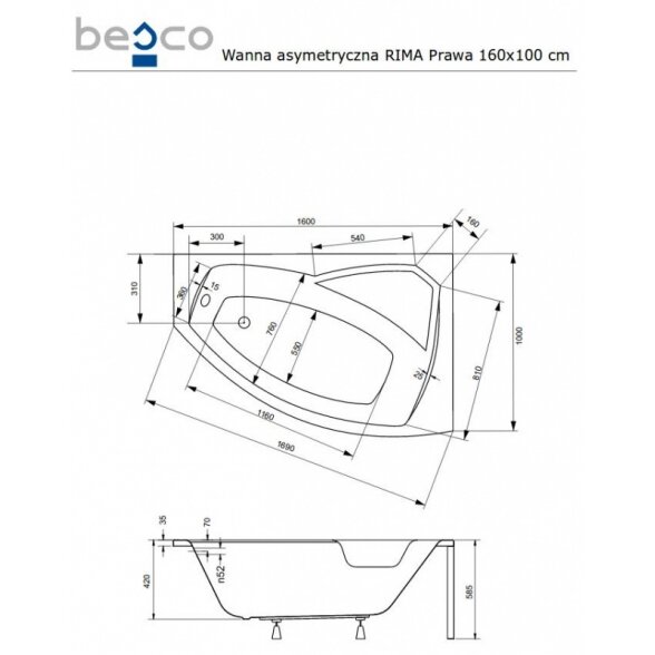 Асимметричная акриловая ванна Besco RIMA 7