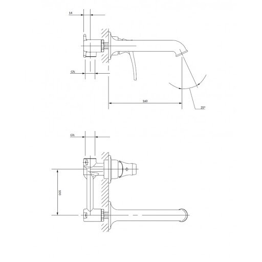 Aukso spalvos maišytuvas praustuvui iš sienos OMNIRES Art Deco 1