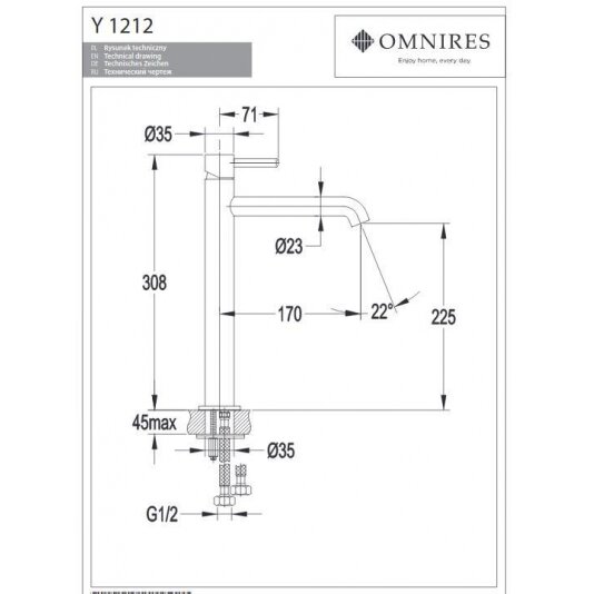 Высокий смеситель для умывальника OMNIRES Y1210NGLB, матовое золото 1