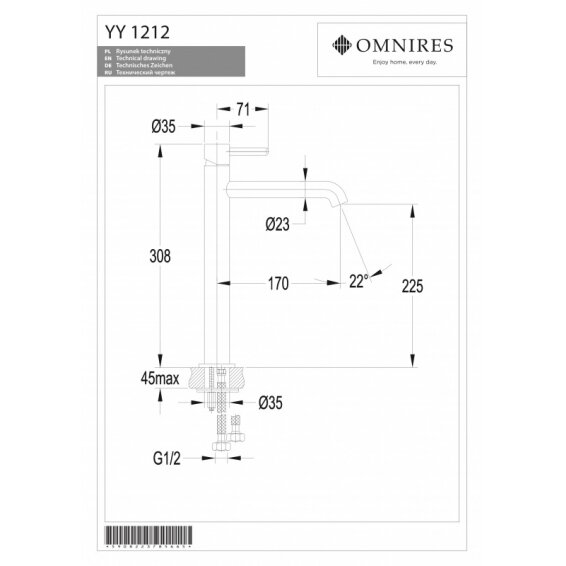 Высокий смеситель для умывальника OMNIRES Y 1