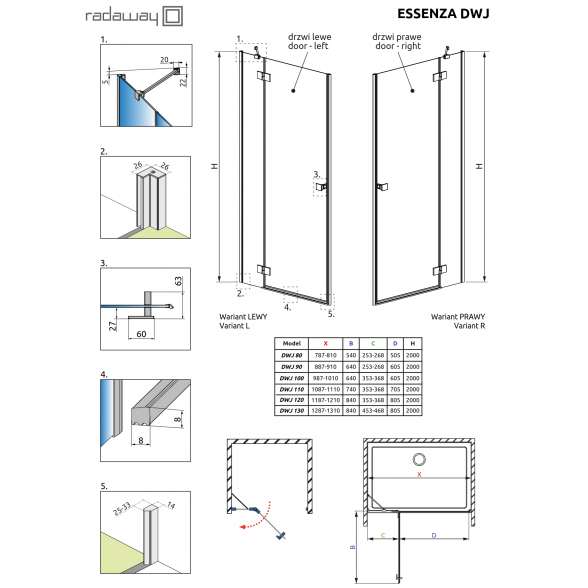 Dušo durys į nišą Radaway Essenza Brushed Nickel DWJ 2