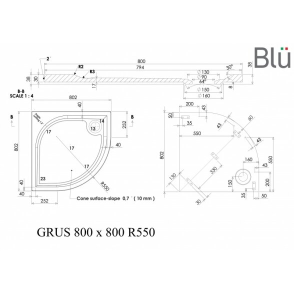 Душевой поддон из литого мрамора Blu GRUS Round 3