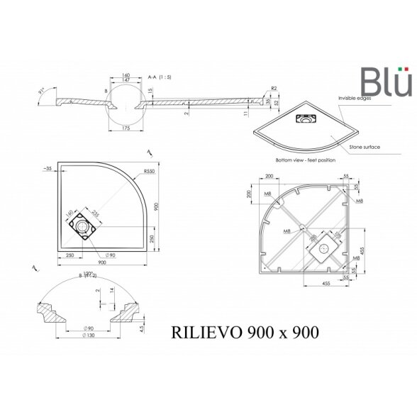 Dušo padėklas Blu RILIEVO Round, akmens masės 90x90 1