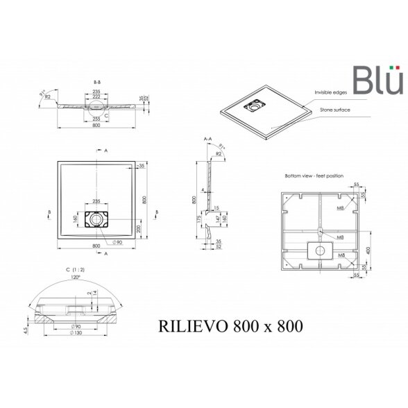 Dušo padėklas Blu RILIEVO Square, akmens masės 1