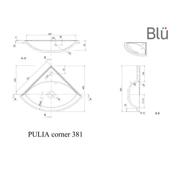 Kampinis akmens masės praustuvas Blu PULIA CORNER 381 1