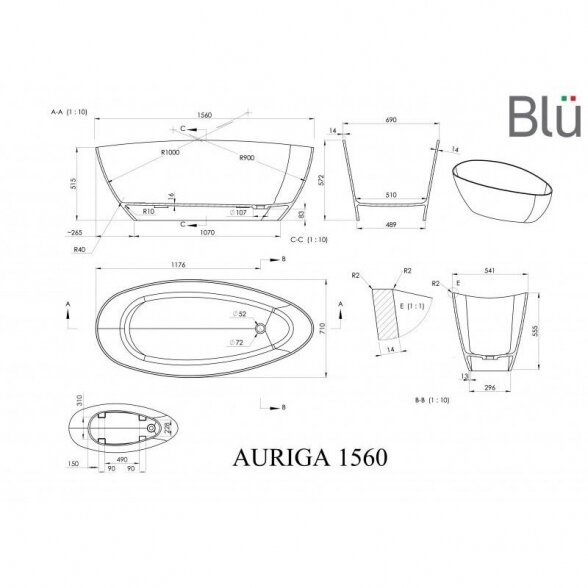 Ванна из литого мрамора Blu AURIGA 1560 Evermite 3